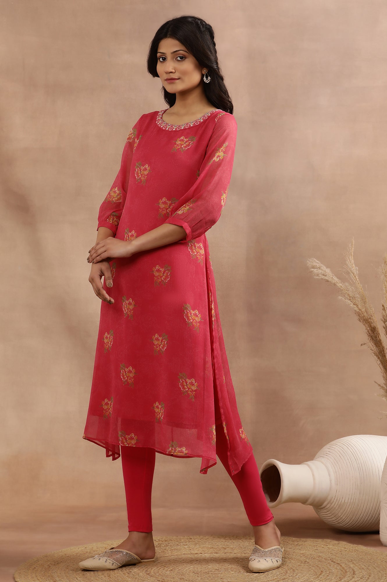 Pink Floral Printed A-Line Kurta With Embroidered Neck