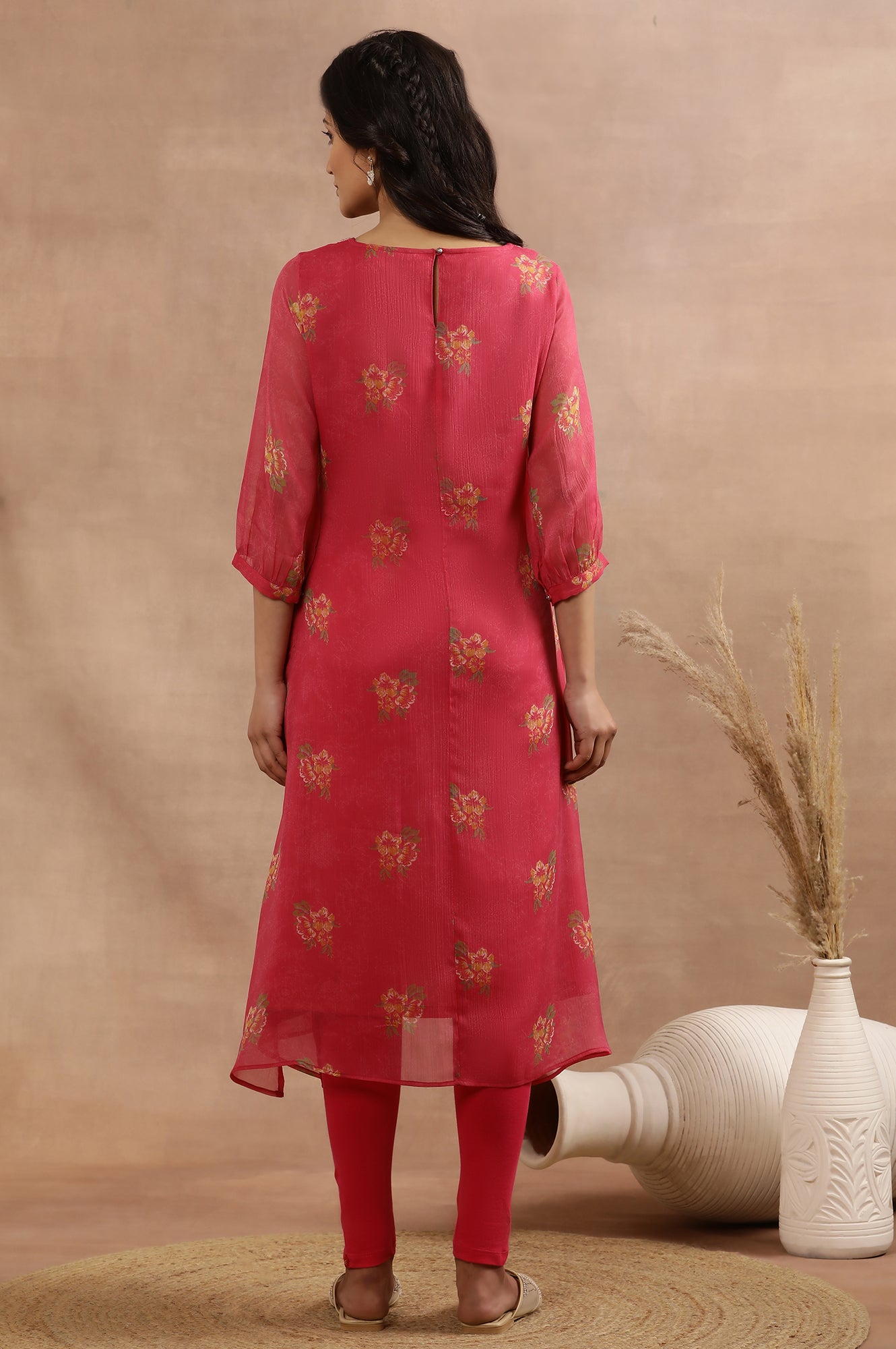 Pink Floral Printed A-Line Kurta With Embroidered Neck