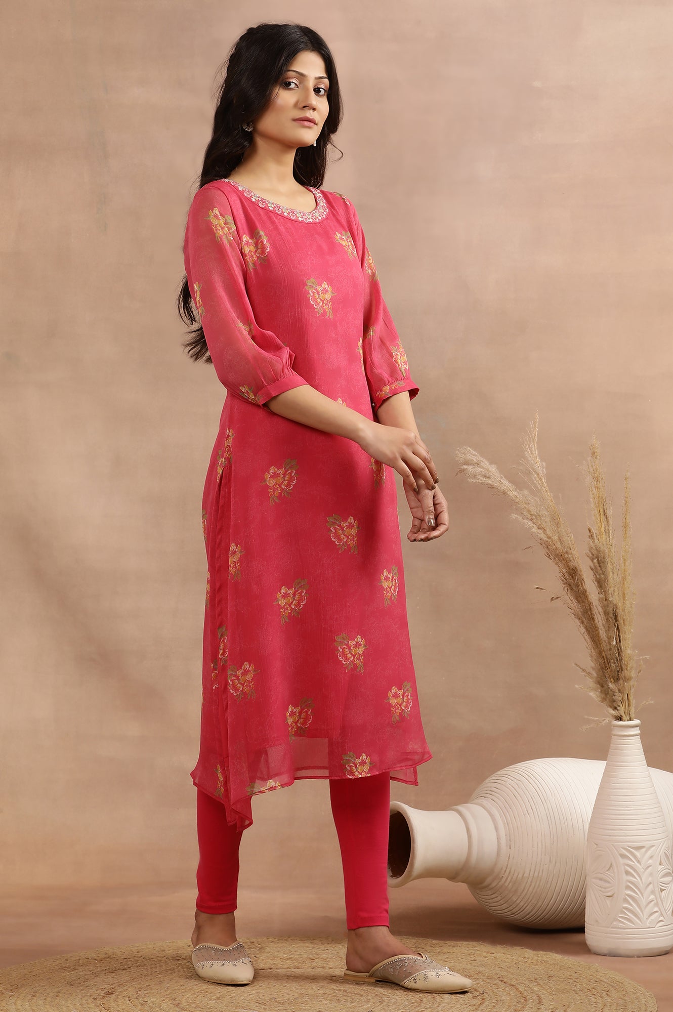 Pink Floral Printed A-Line Kurta With Embroidered Neck