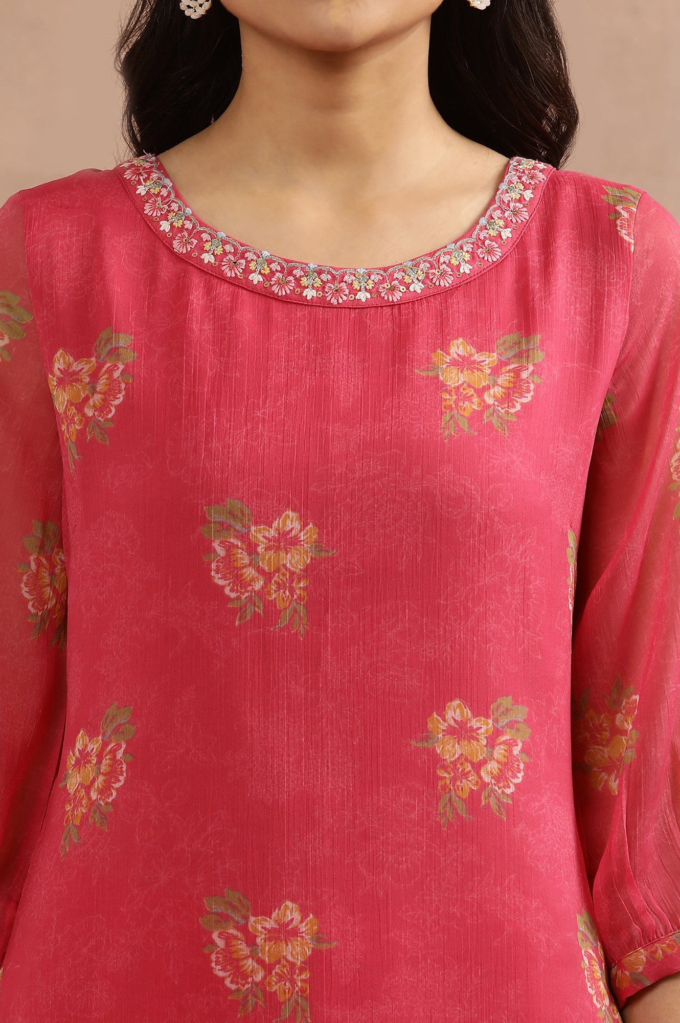 Pink Floral Printed A-Line Kurta With Embroidered Neck