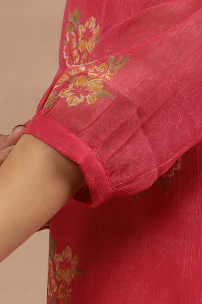 Pink Floral Printed A-Line Kurta With Embroidered Neck