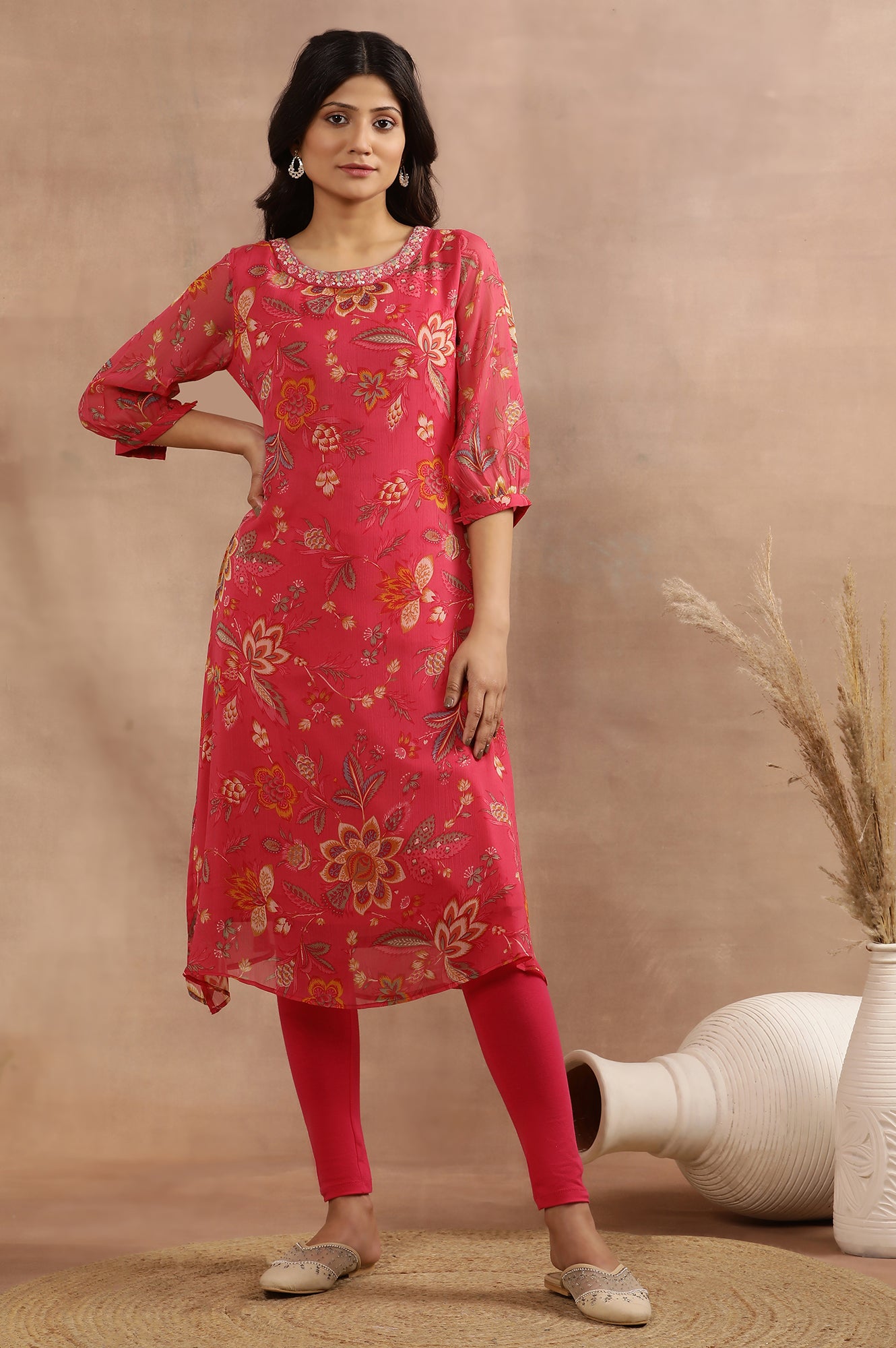 Pink Floral Printed A-Line Kurta With Embroidered Neck