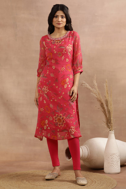 Pink Floral Printed A-Line Kurta With Embroidered Neck