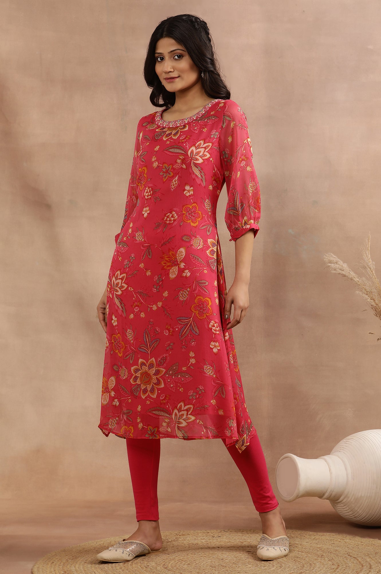 Pink Floral Printed A-Line Kurta With Embroidered Neck