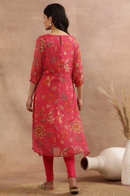 Pink Floral Printed A-Line Kurta With Embroidered Neck