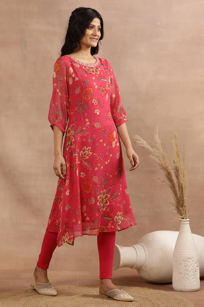 Pink Floral Printed A-Line Kurta With Embroidered Neck