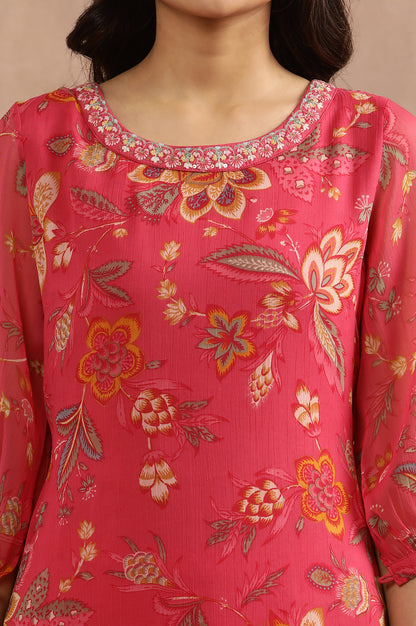 Pink Floral Printed A-Line Kurta With Embroidered Neck