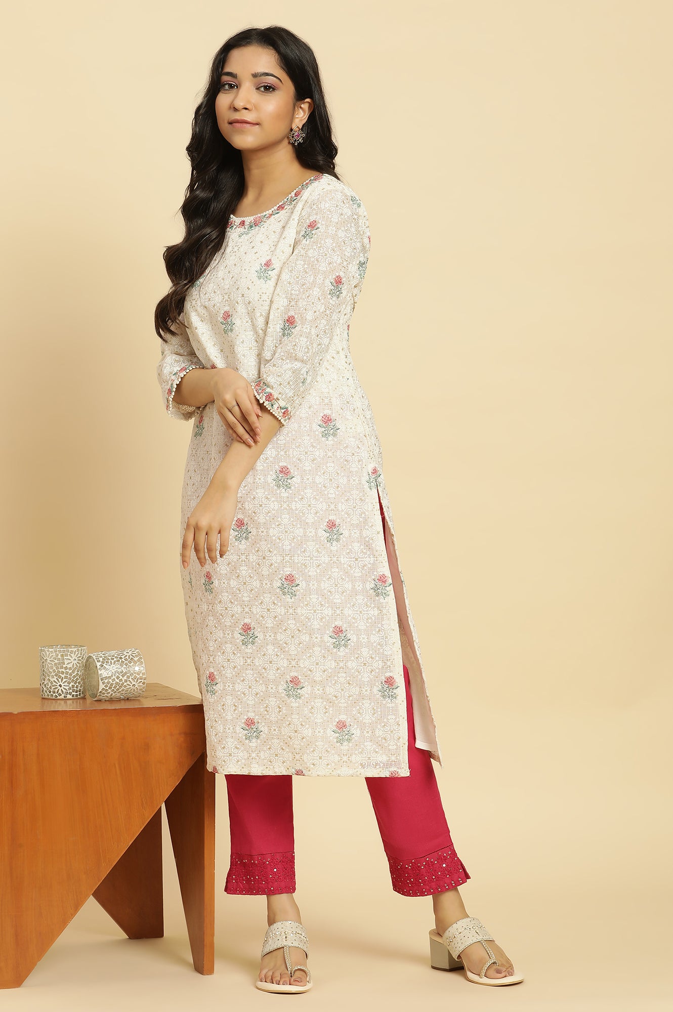 Ecru Floral Printed And Embroidered Festive Kurta