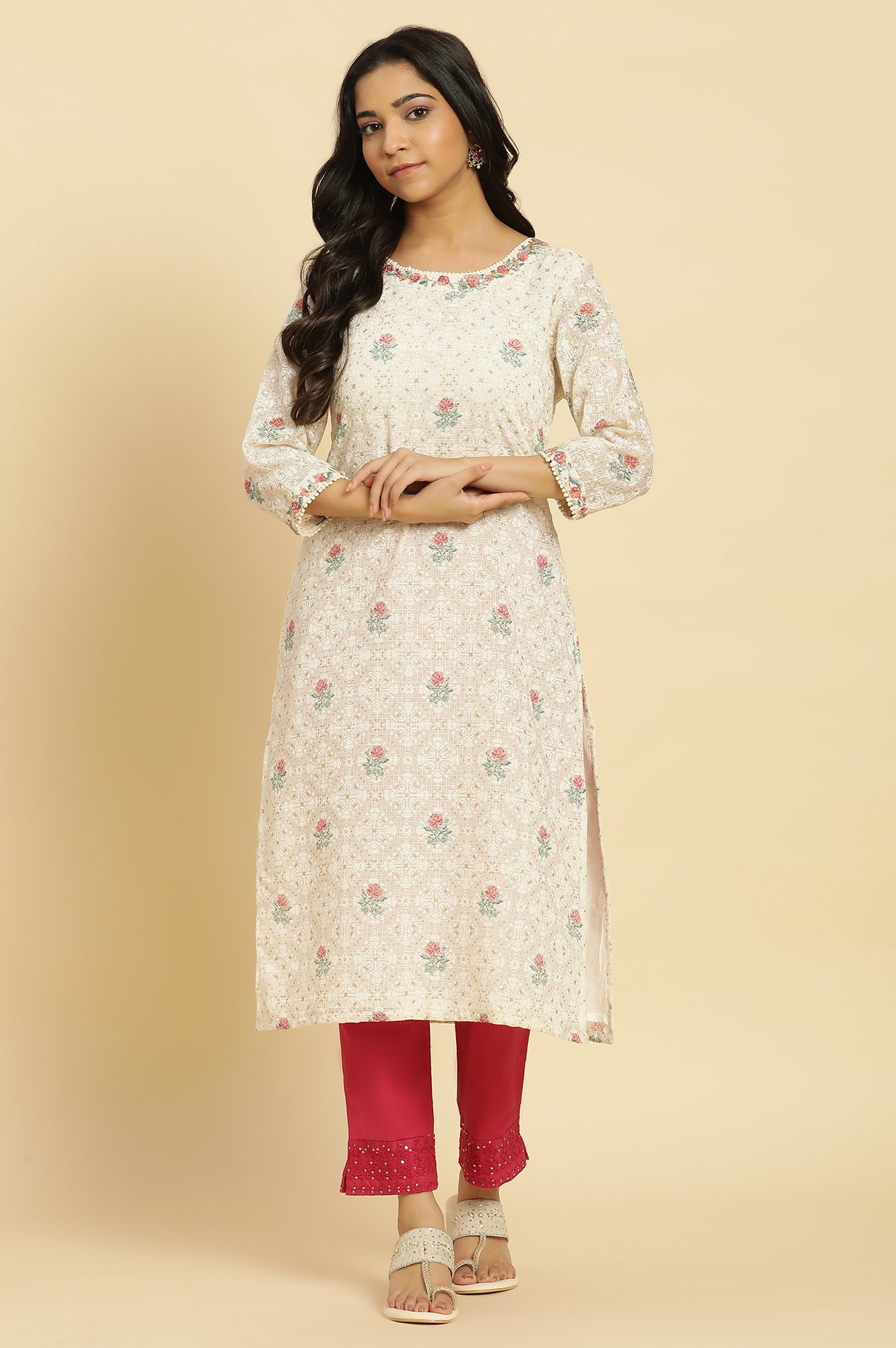 Ecru Floral Printed And Embroidered Festive Kurta