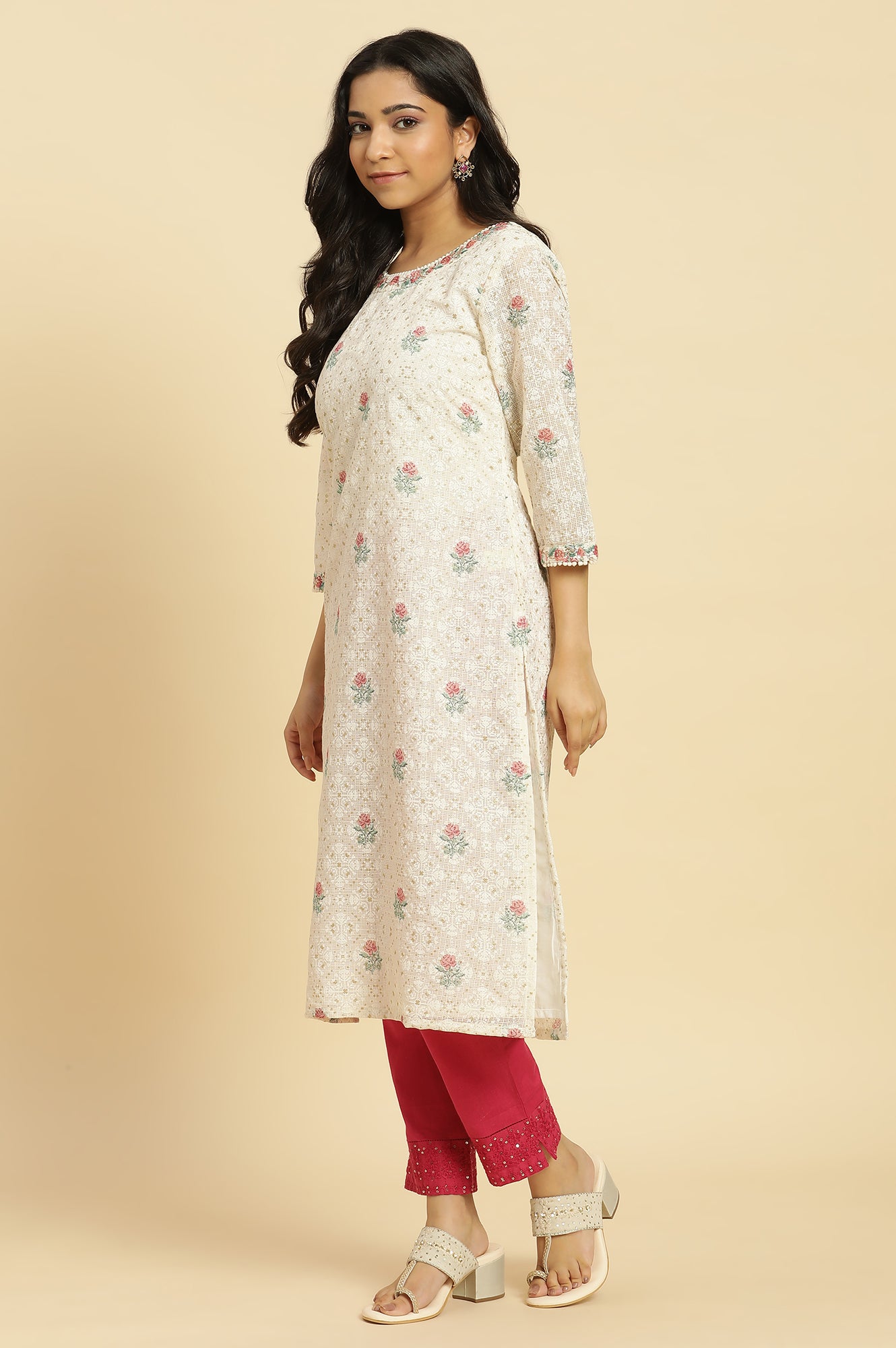 Ecru Floral Printed And Embroidered Festive Kurta