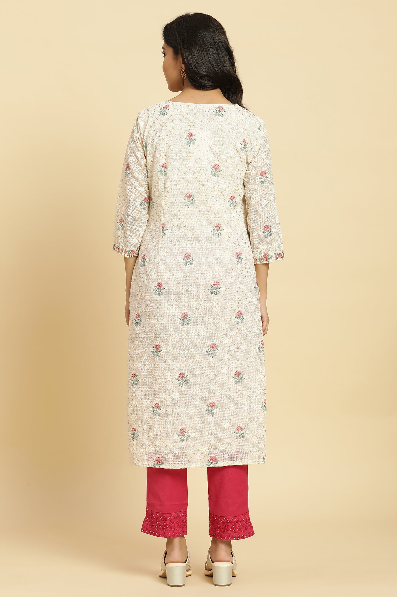 Ecru Floral Printed And Embroidered Festive Kurta