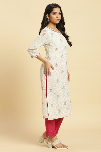 Ecru Floral Printed And Embroidered Festive Kurta