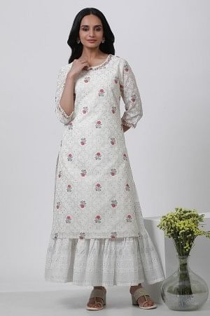 Ecru Floral Printed And Embroidered Festive Kurta