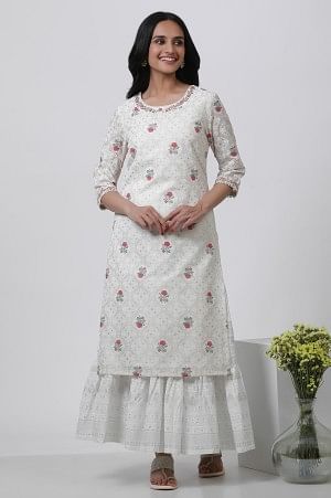 Ecru Floral Printed And Embroidered Festive Kurta