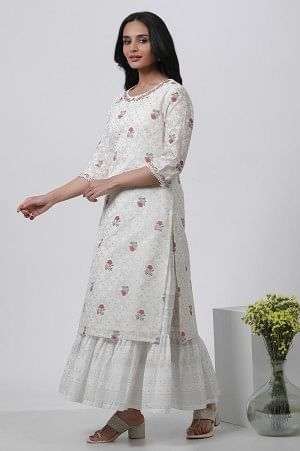 Ecru Floral Printed And Embroidered Festive Kurta