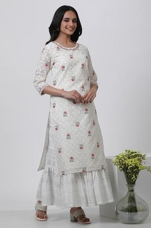 Ecru Floral Printed And Embroidered Festive Kurta