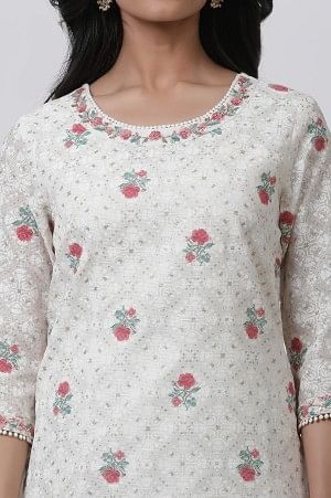 Ecru Floral Printed And Embroidered Festive Kurta