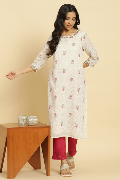 Ecru Floral Printed And Embroidered Festive Kurta