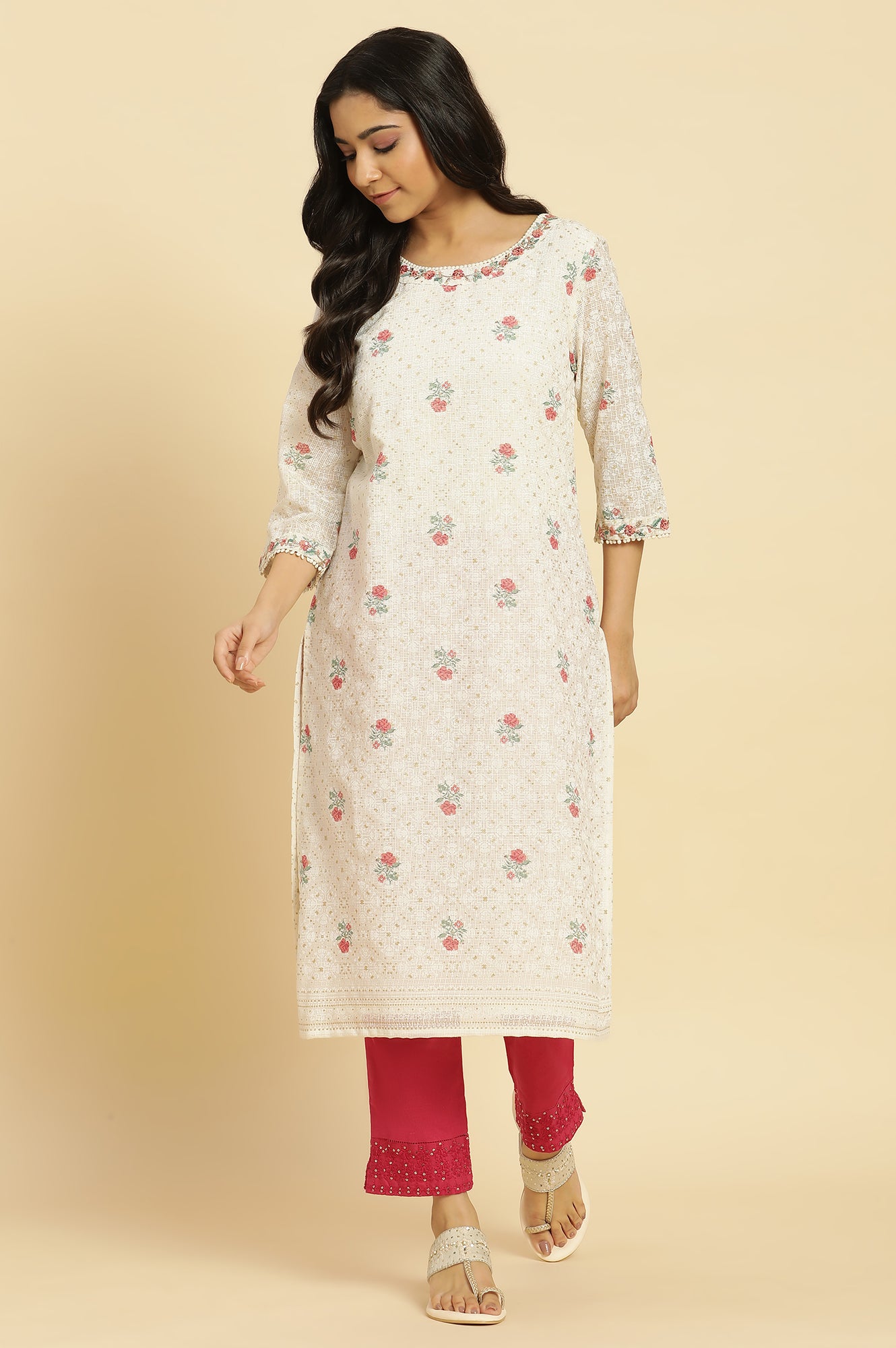 Ecru Floral Printed And Embroidered Festive Kurta