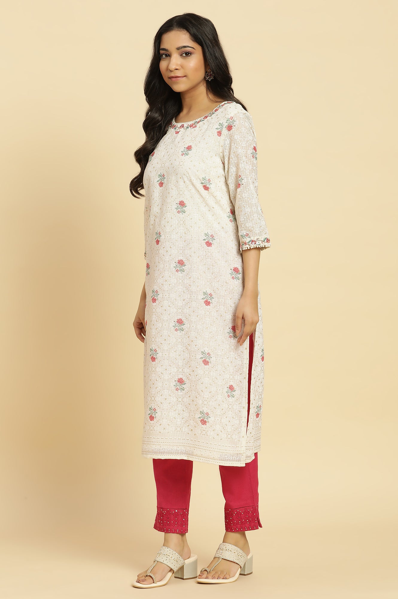 Ecru Floral Printed And Embroidered Festive Kurta