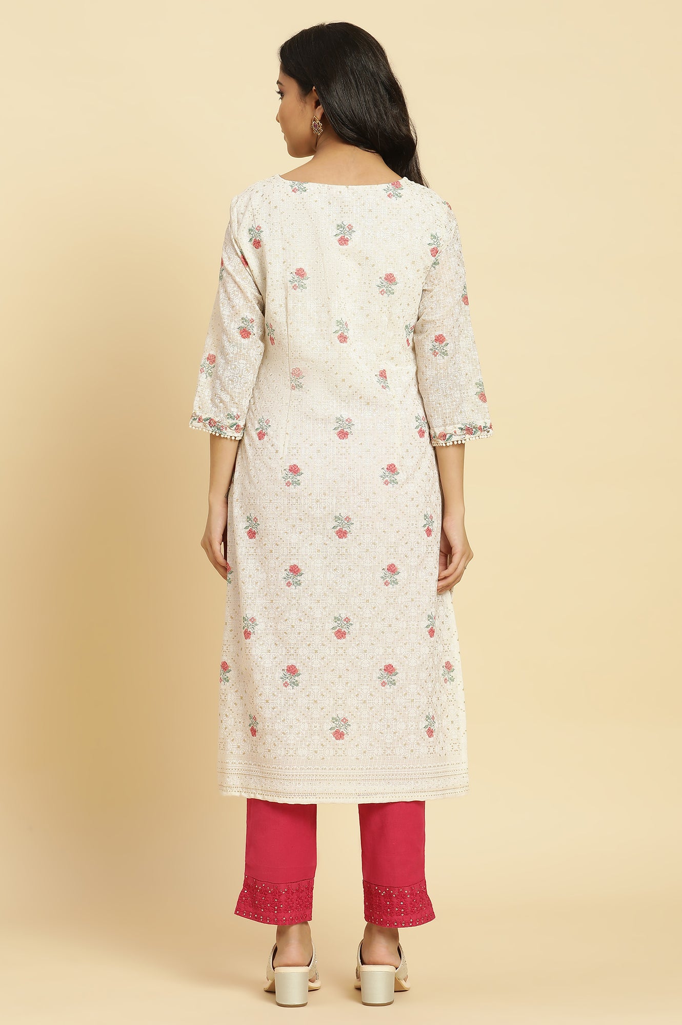 Ecru Floral Printed And Embroidered Festive Kurta