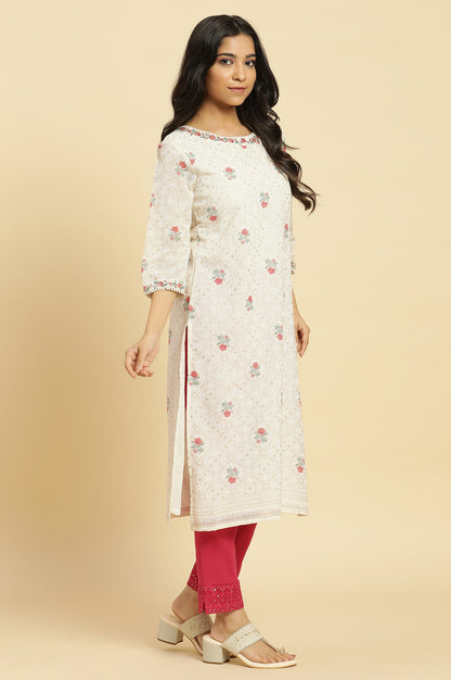 Ecru Floral Printed And Embroidered Festive Kurta