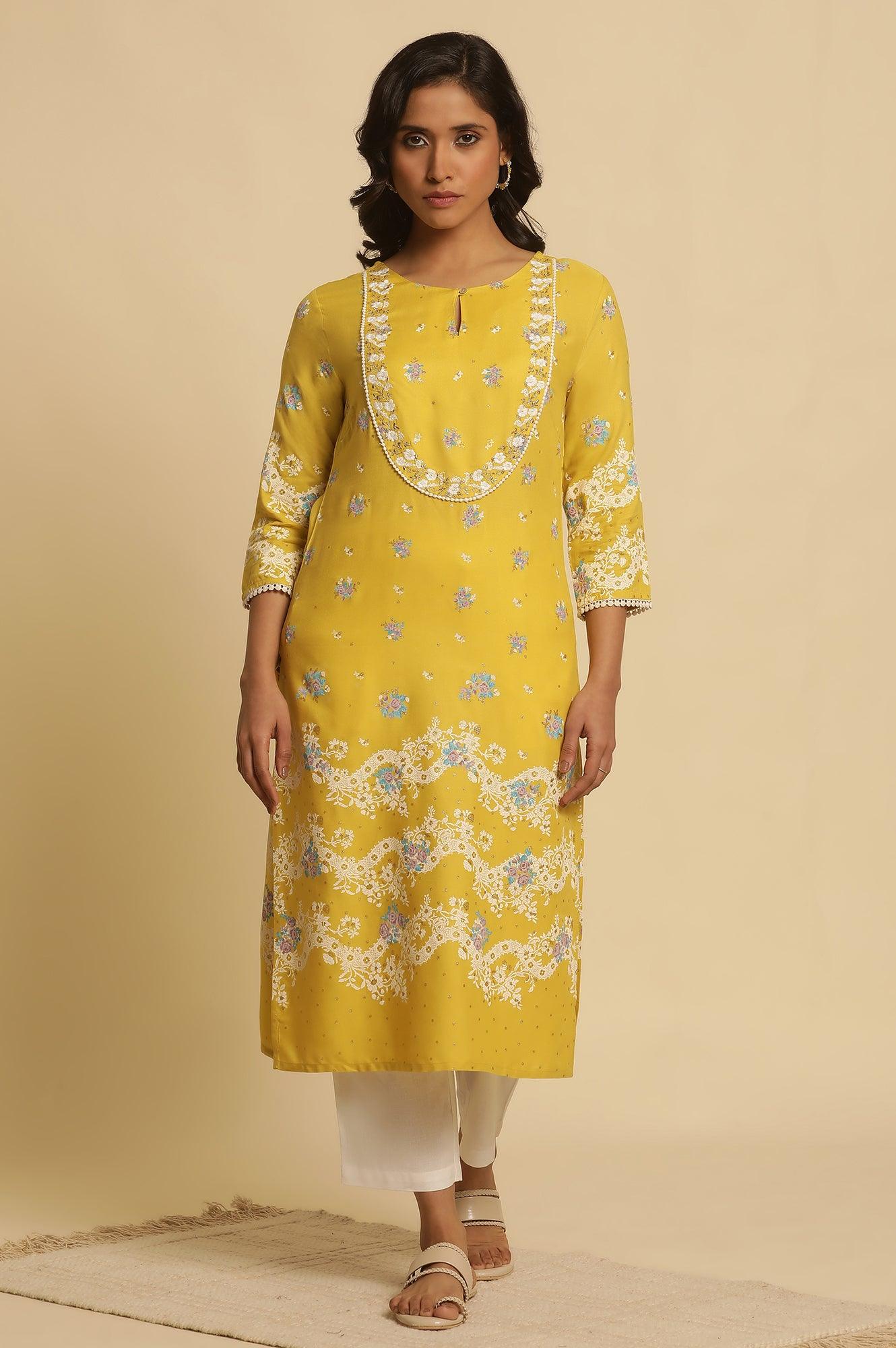 Yellow Floral Printed Kurta With Embroidery - wforwoman