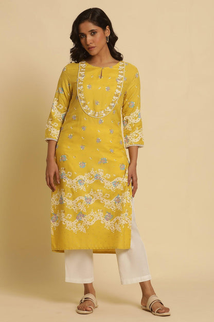 Yellow Floral Printed Kurta With Embroidery - wforwoman