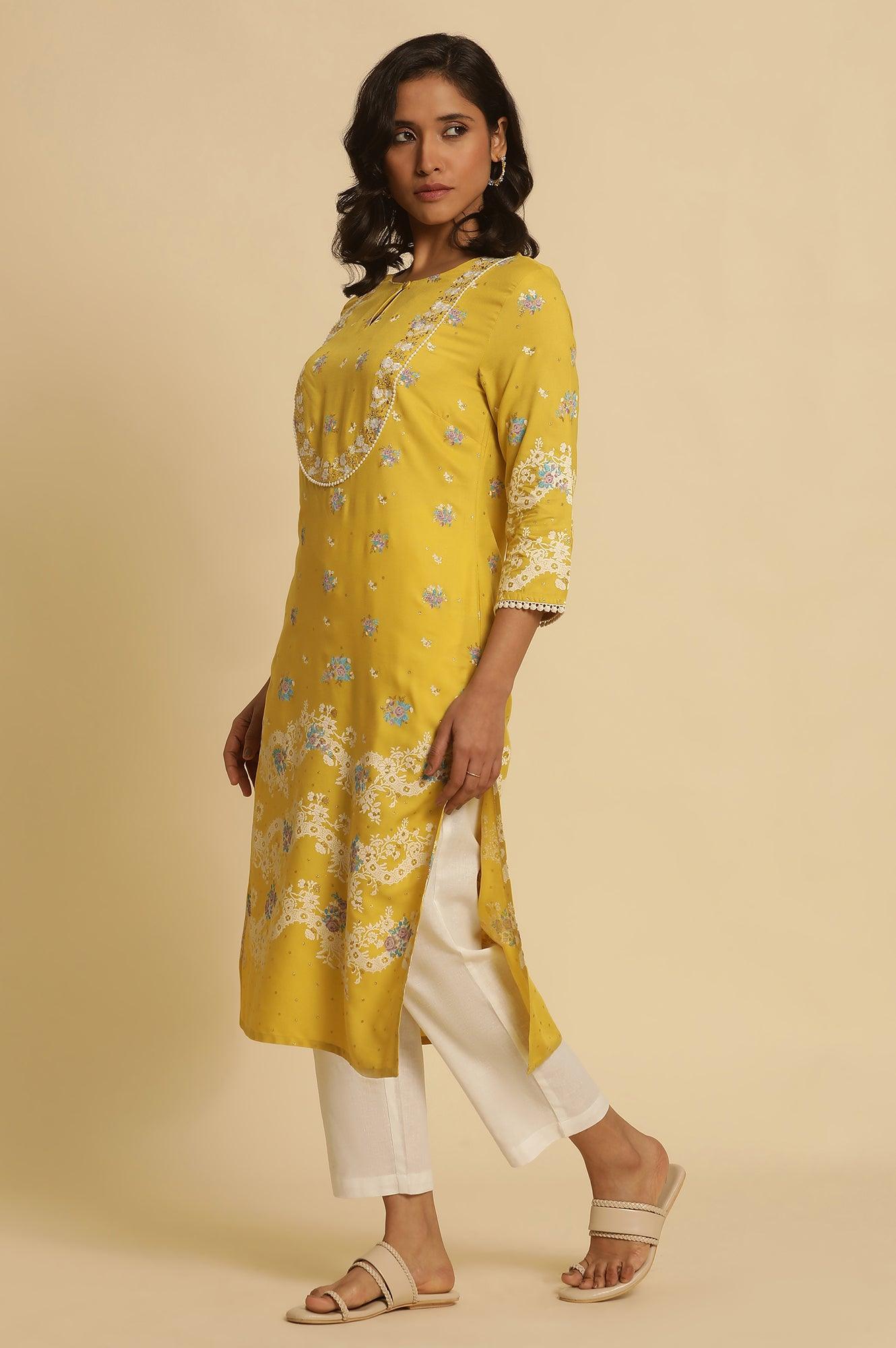 Yellow Floral Printed Kurta With Embroidery - wforwoman