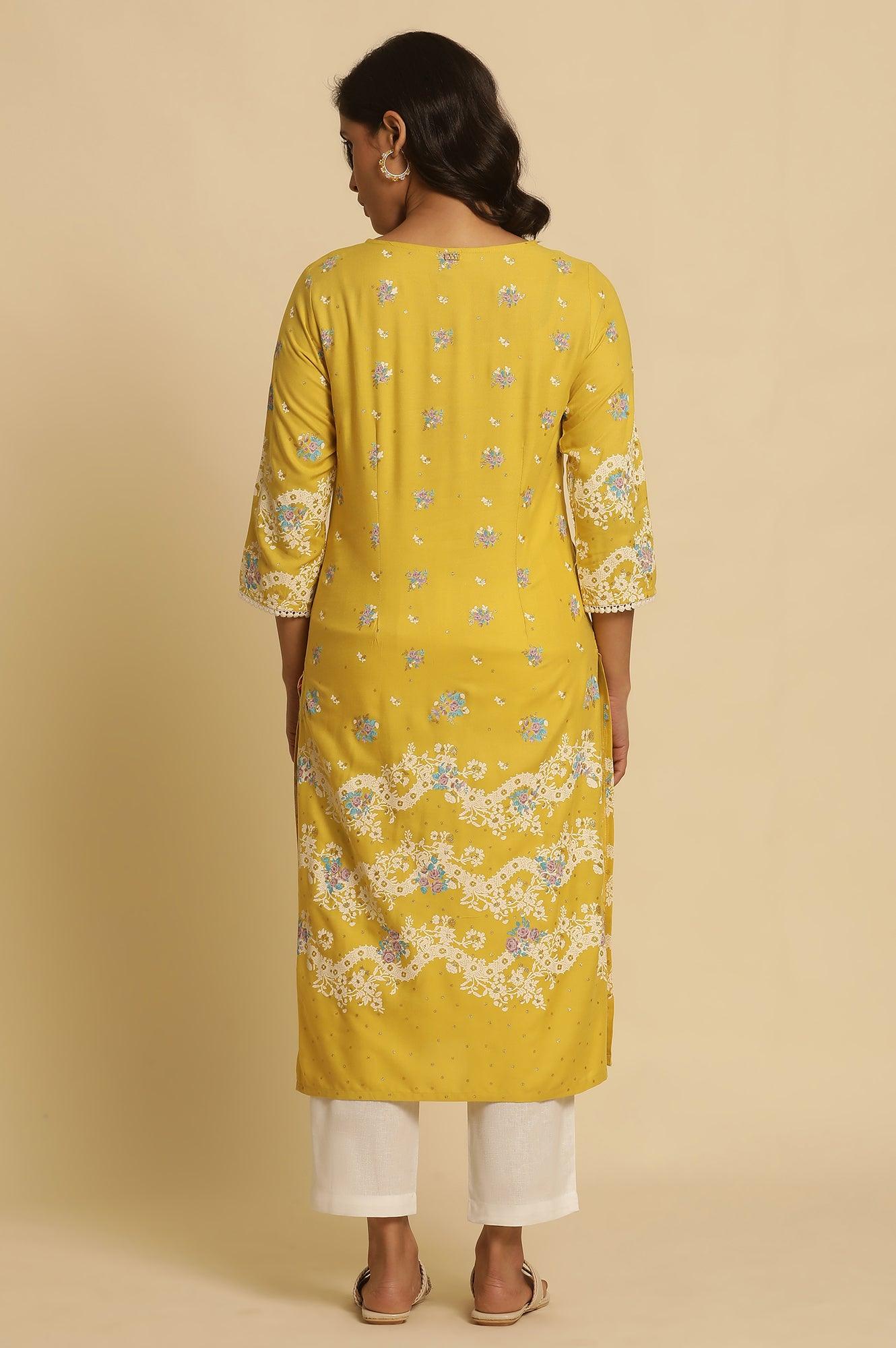 Yellow Floral Printed Kurta With Embroidery - wforwoman