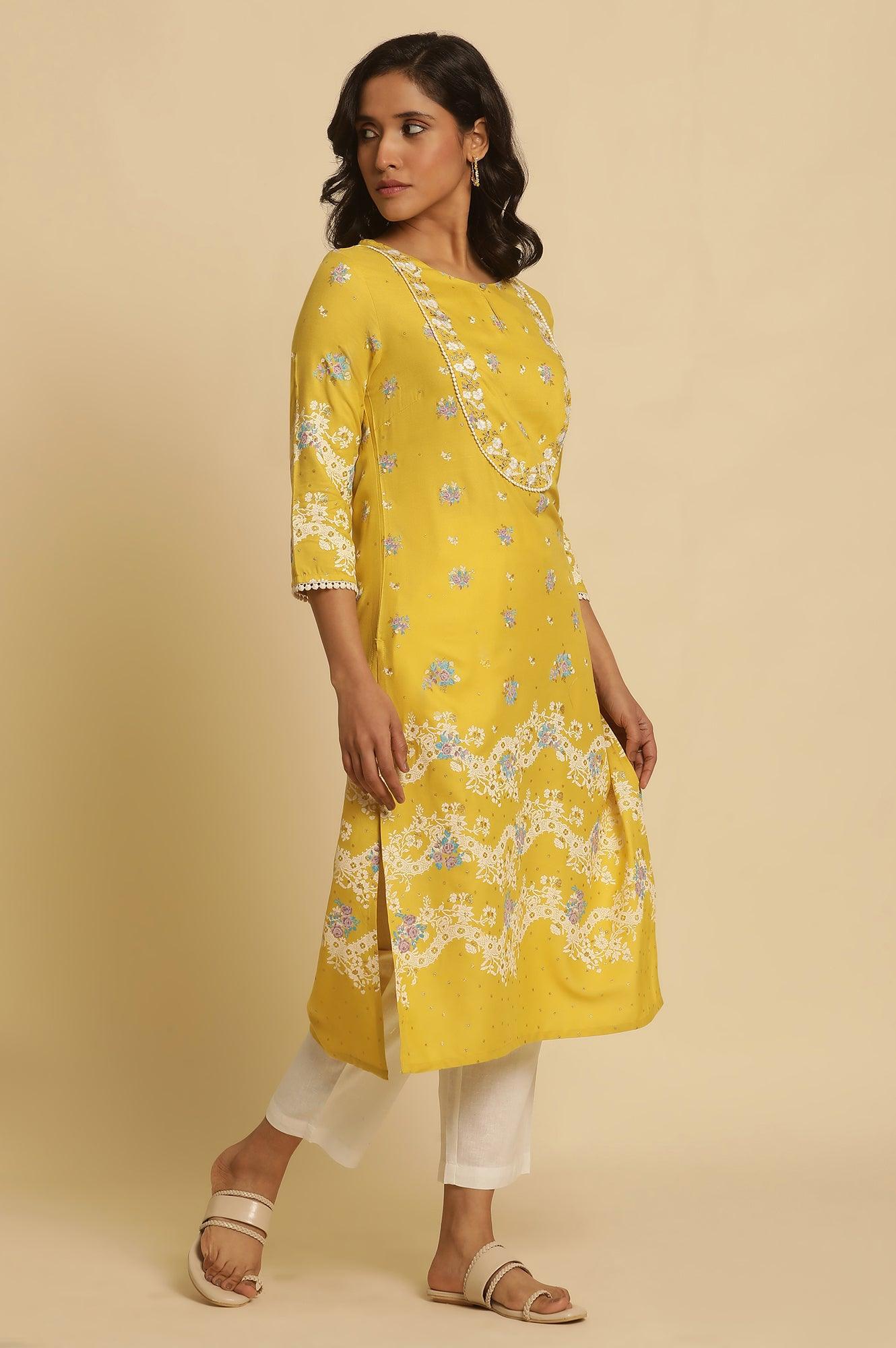 Yellow Floral Printed Kurta With Embroidery - wforwoman