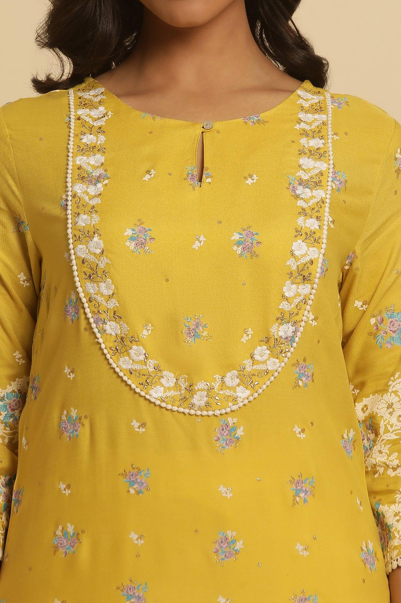 Yellow Floral Printed Kurta With Embroidery - wforwoman