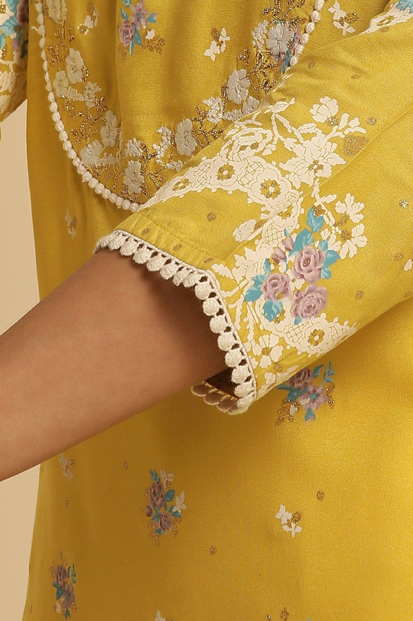 Yellow Floral Printed Kurta With Embroidery - wforwoman