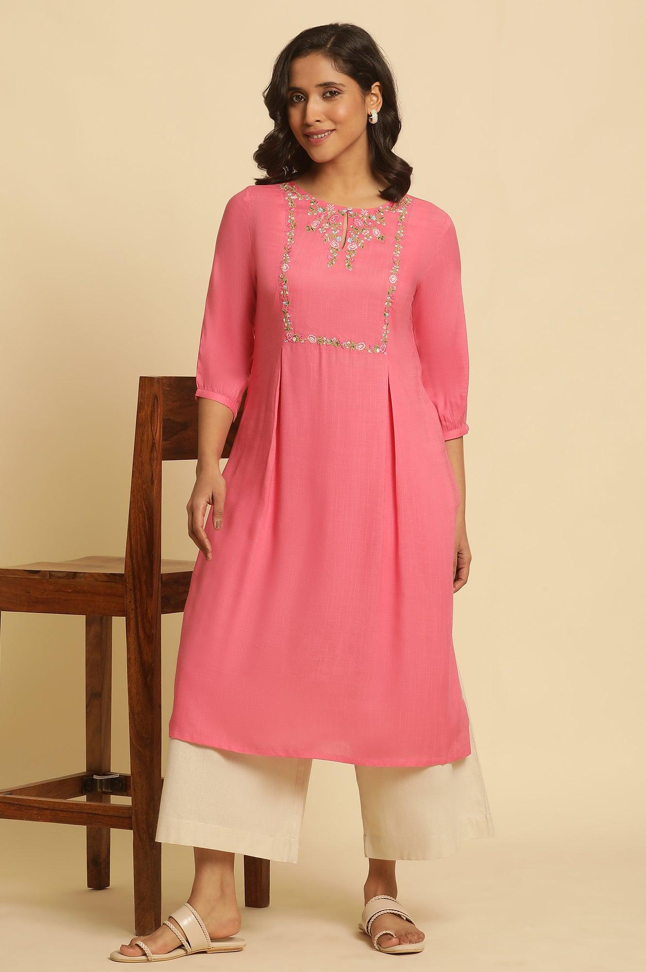 Pink A-Line Kurta With Thread Embroidery - wforwoman