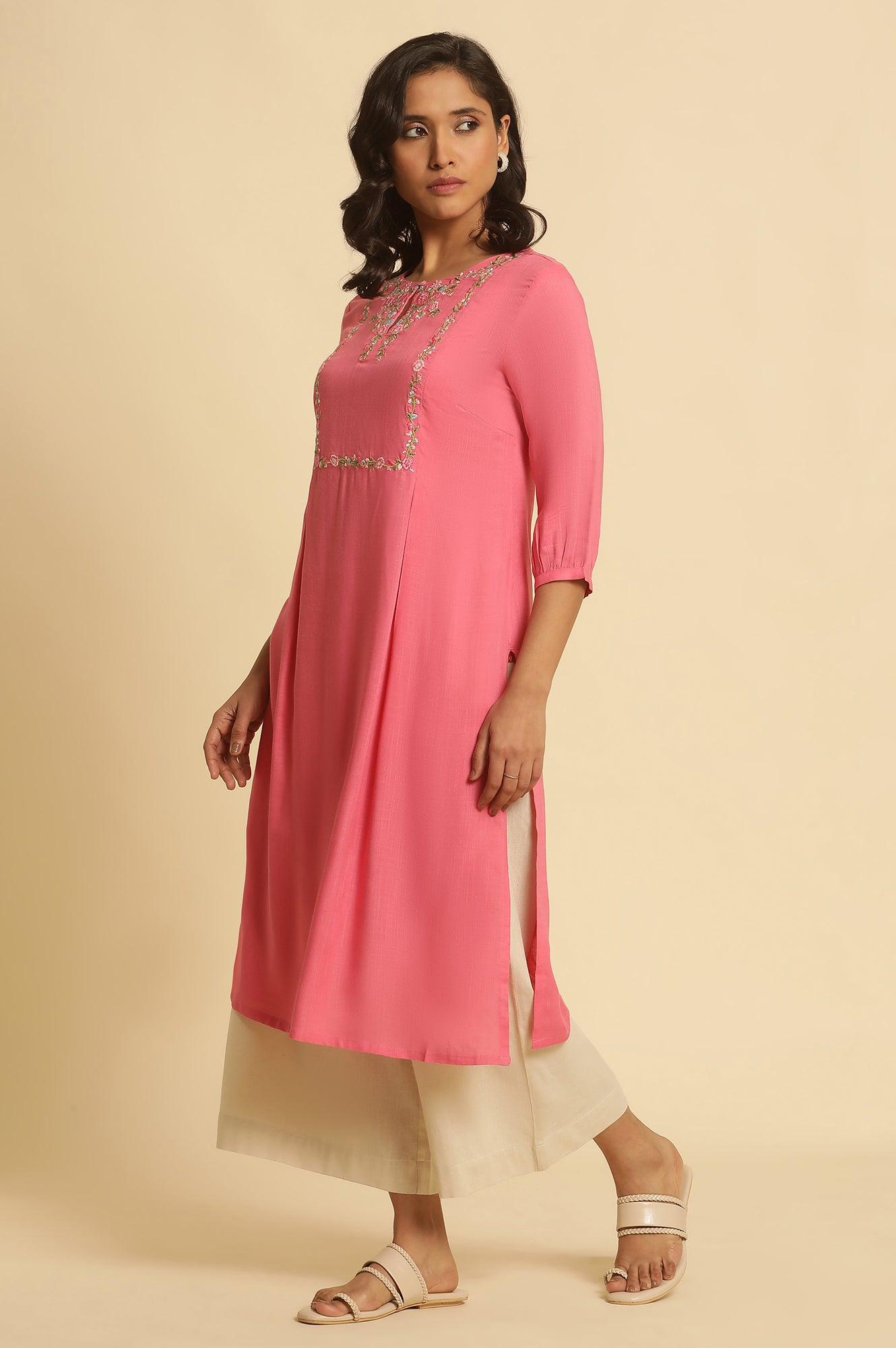 Pink A-Line Kurta With Thread Embroidery - wforwoman