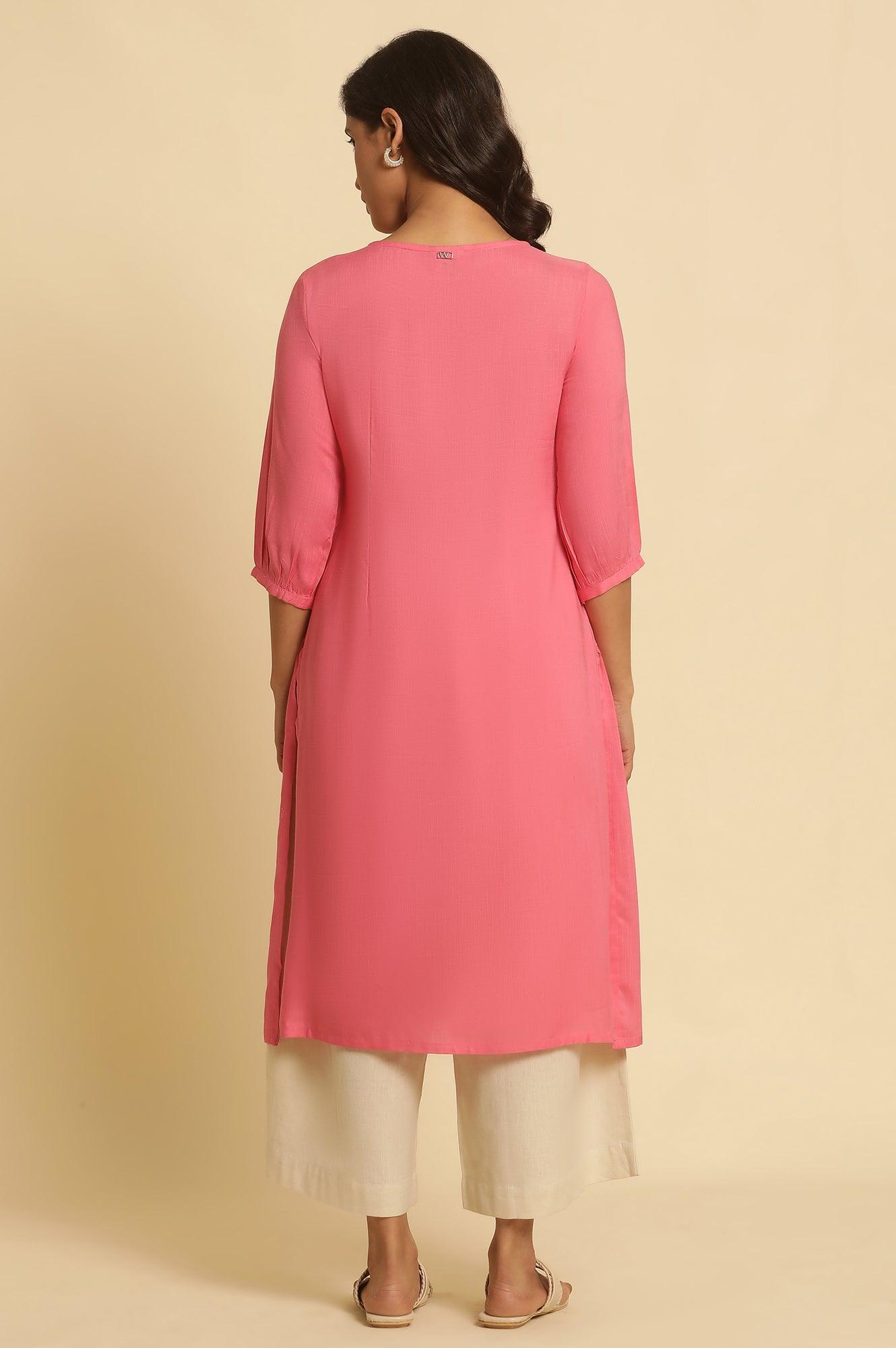 Pink A-Line Kurta With Thread Embroidery - wforwoman