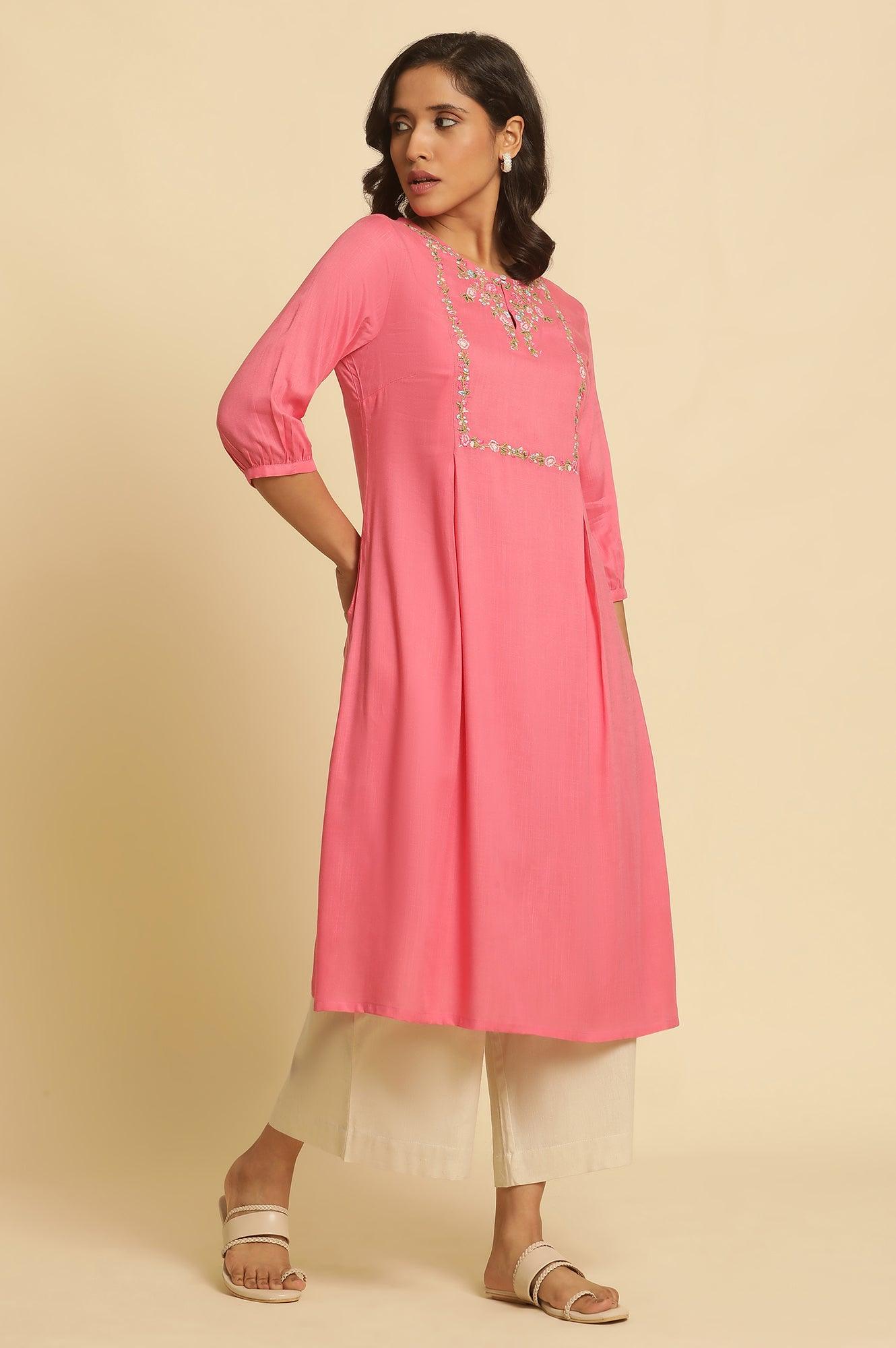 Pink A-Line Kurta With Thread Embroidery - wforwoman