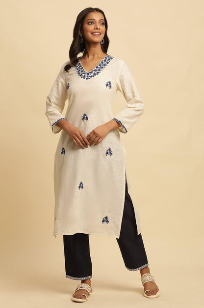 White Straight Kurta With Blue Embroidery - wforwoman
