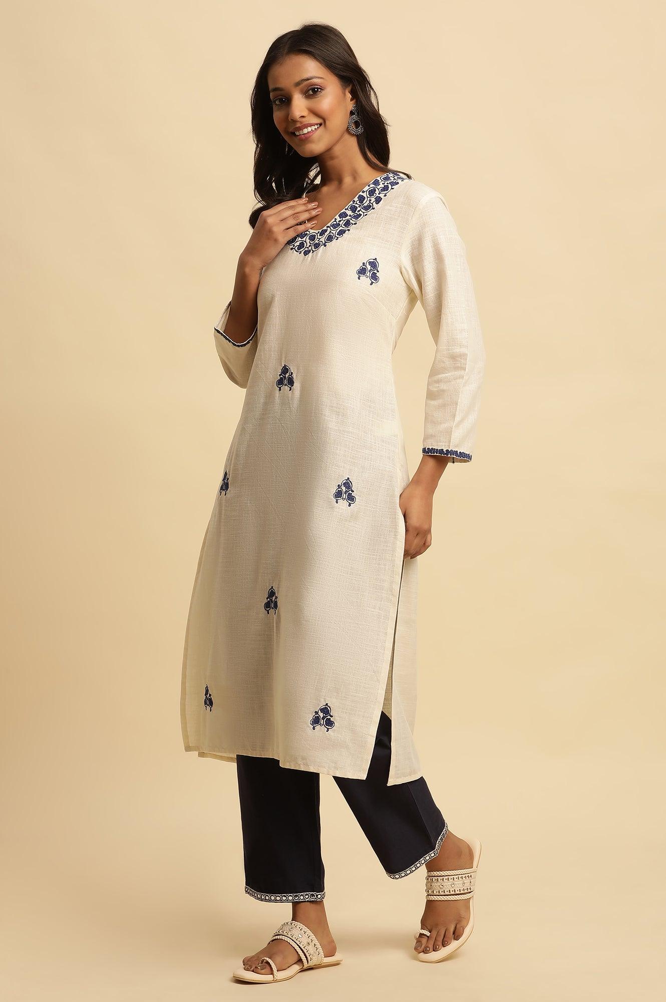 White Straight Kurta With Blue Embroidery - wforwoman