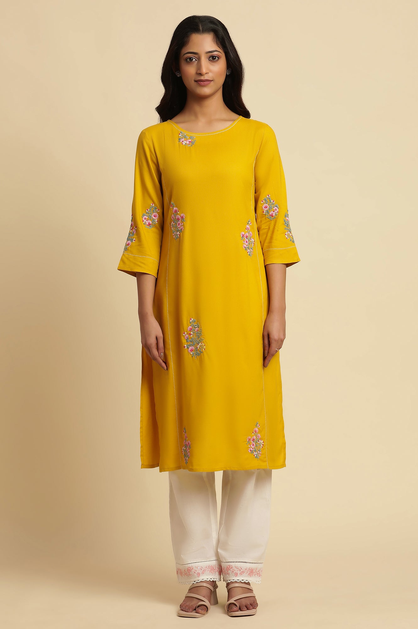 Yellow Floral Embroidered Straight Kurta