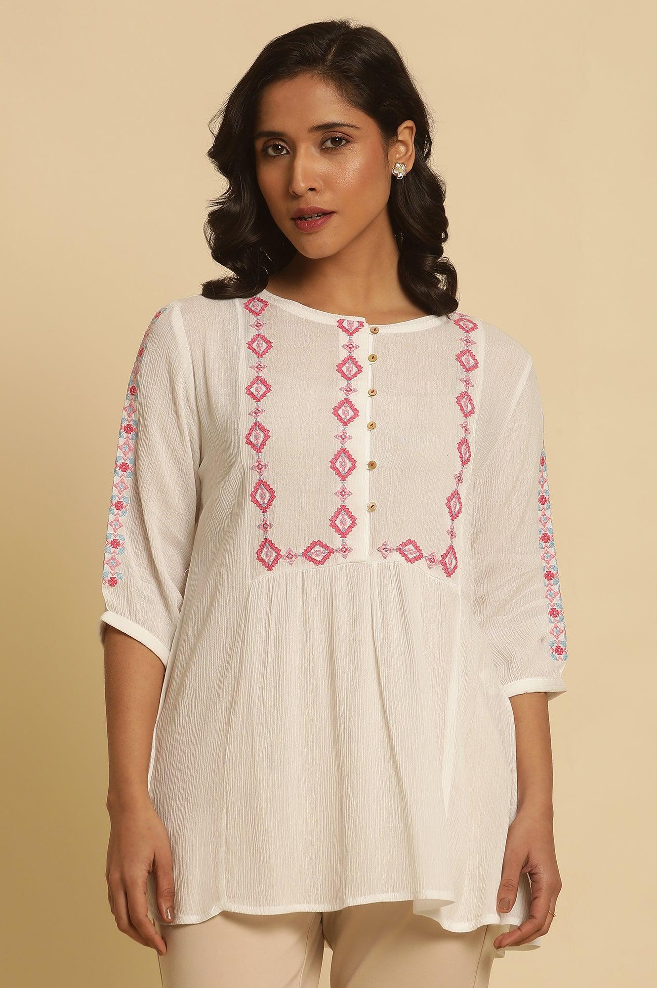 White Solid Top With Thread Embroidery - wforwoman