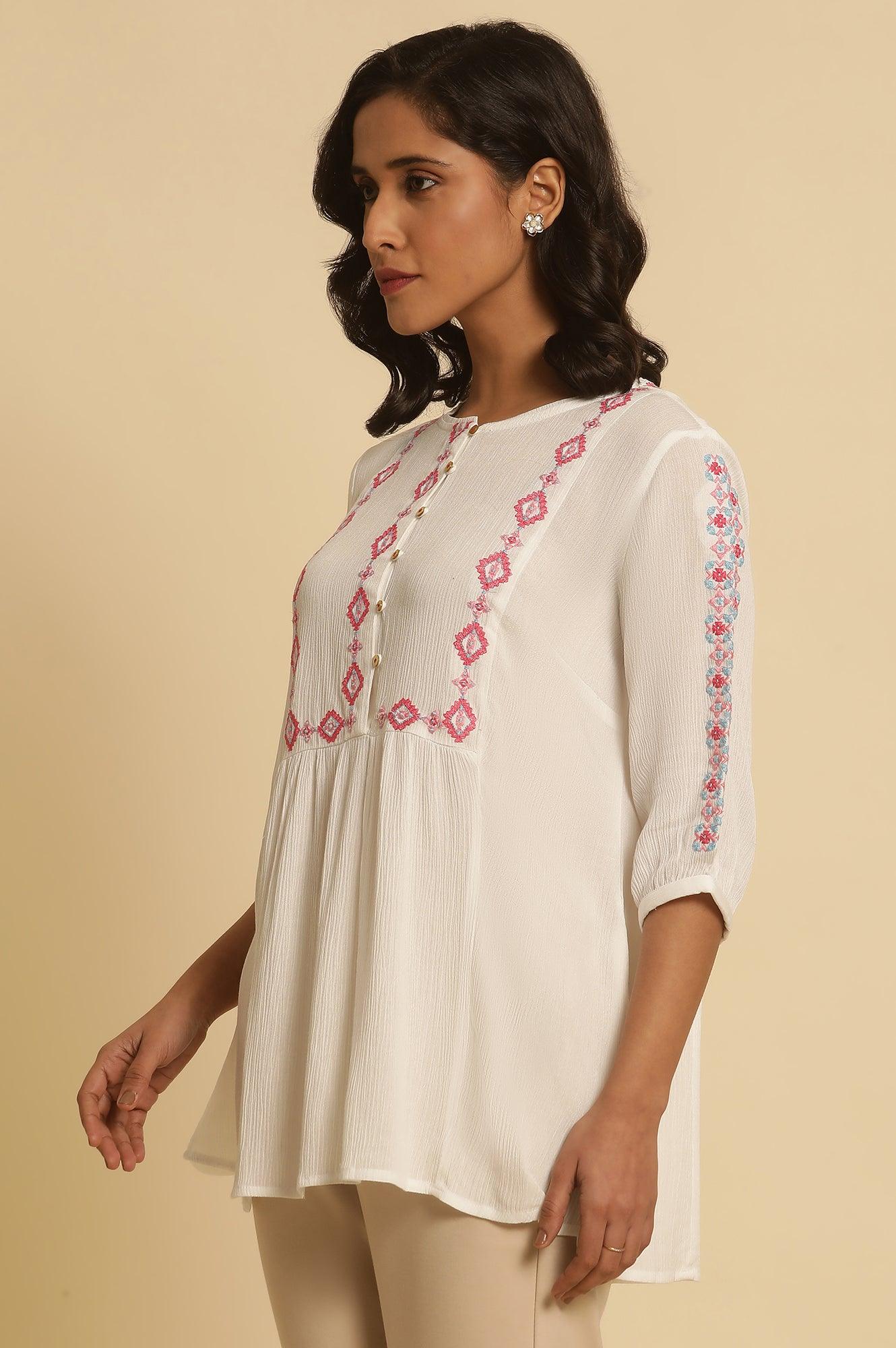 White Solid Top With Thread Embroidery - wforwoman