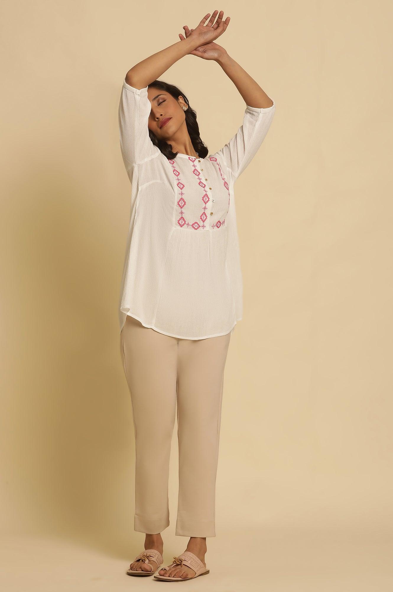 White Solid Top With Thread Embroidery - wforwoman