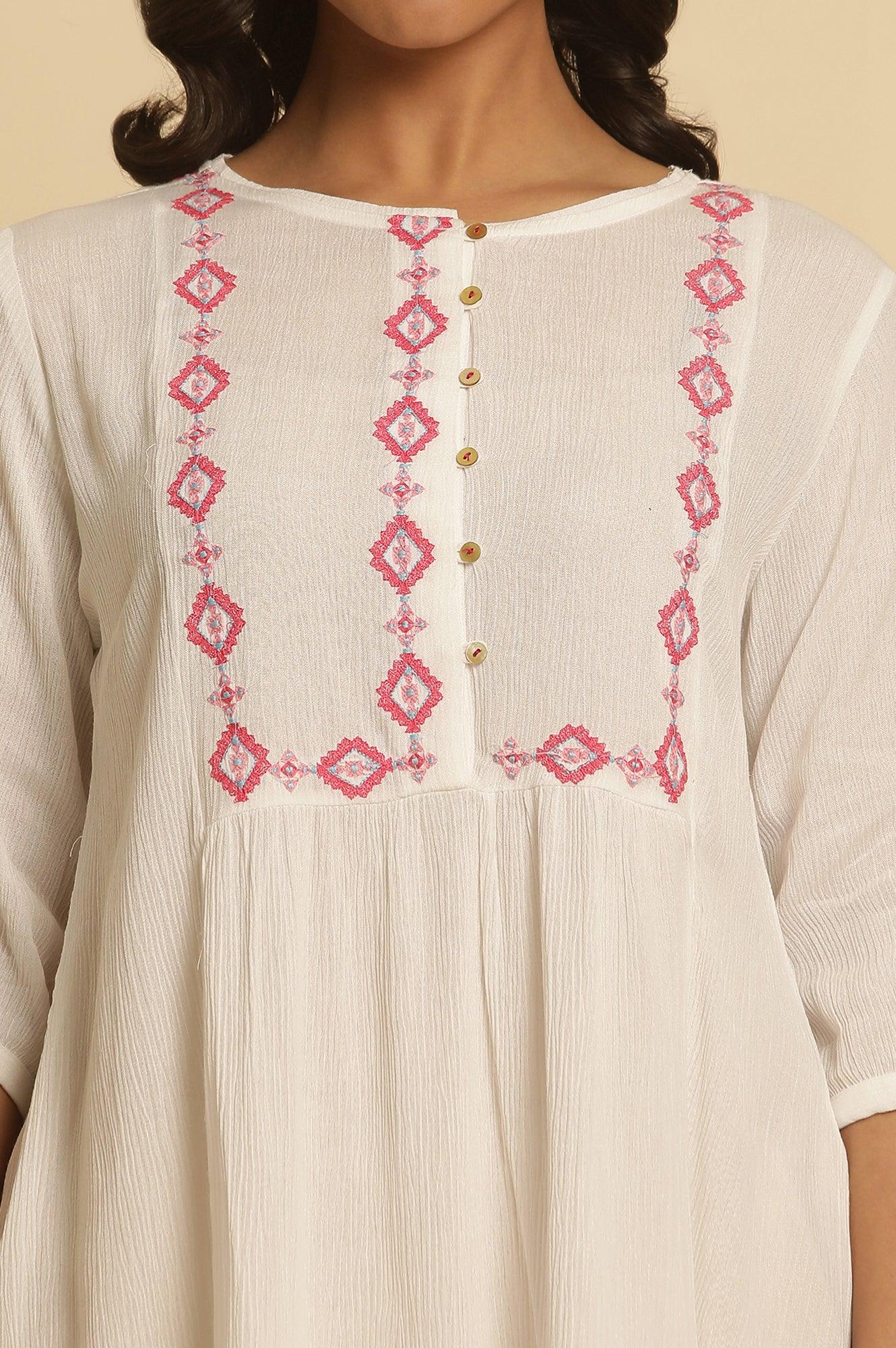 White Solid Top With Thread Embroidery - wforwoman