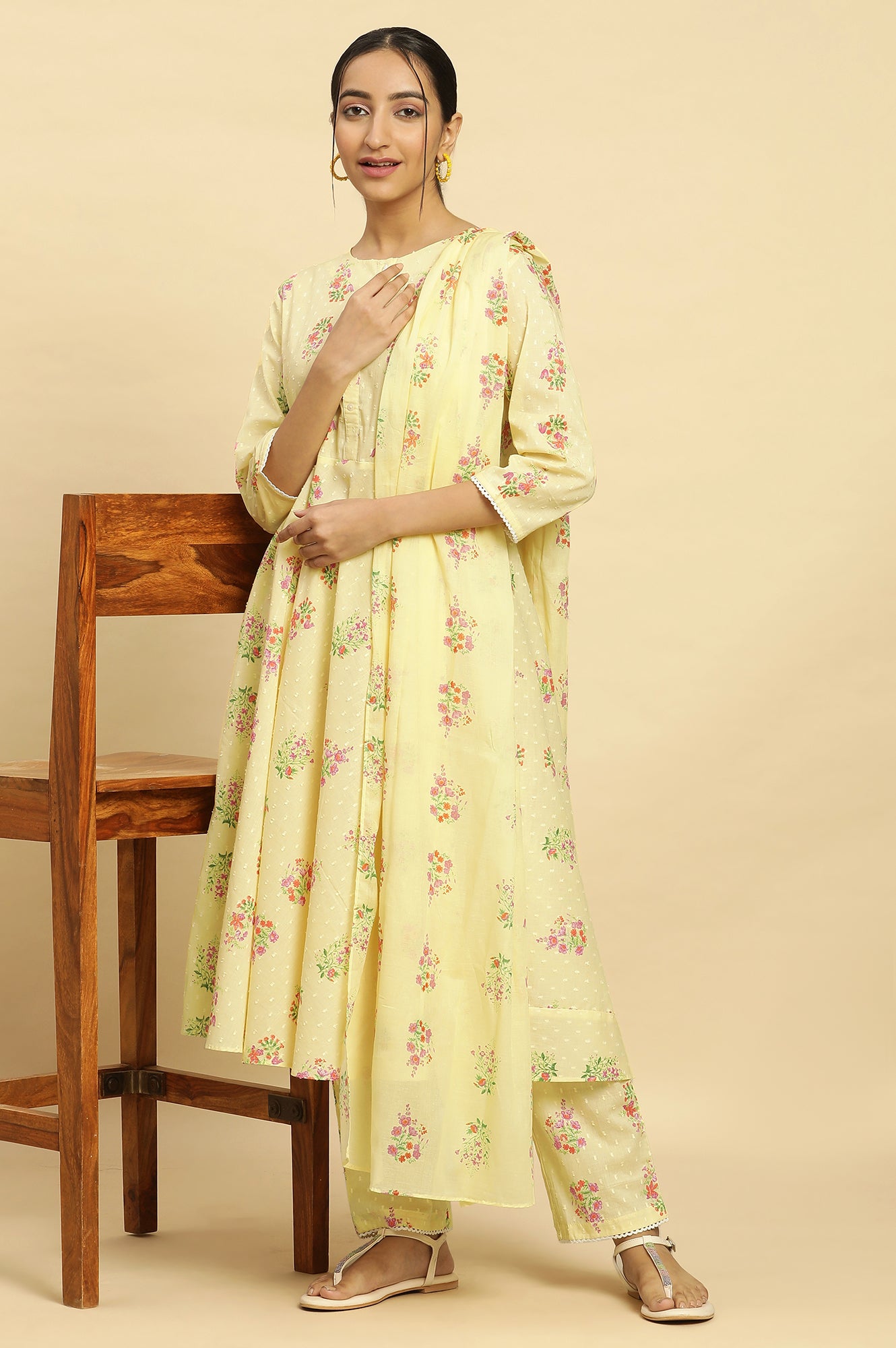 Yellow Floral Printed Flared Kurta, Pants And Dupatta Set