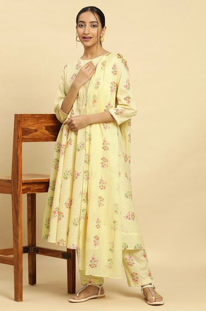 Yellow Floral Printed Flared Kurta, Pants And Dupatta Set