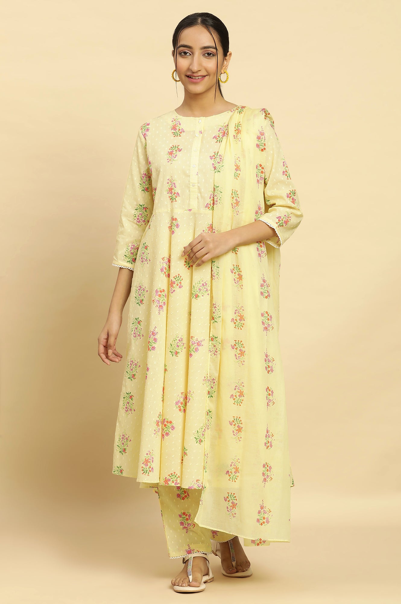 Yellow Floral Printed Flared Kurta, Pants And Dupatta Set