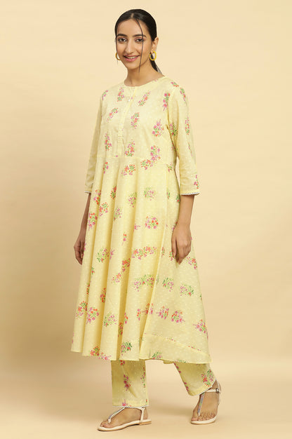 Yellow Floral Printed Flared Kurta, Pants And Dupatta Set