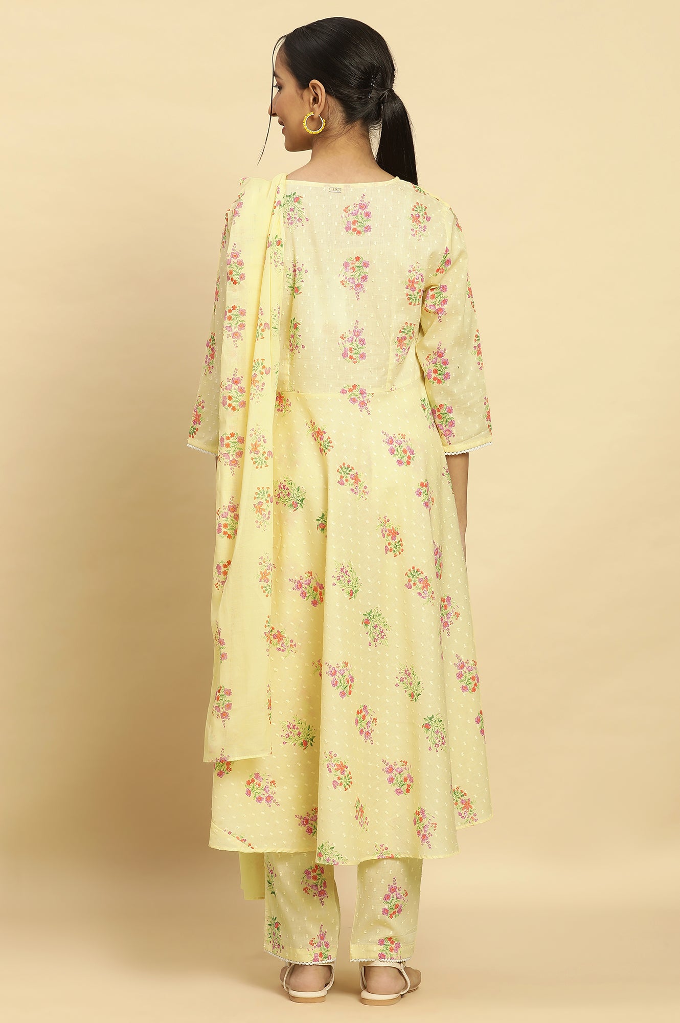 Yellow Floral Printed Flared Kurta, Pants And Dupatta Set