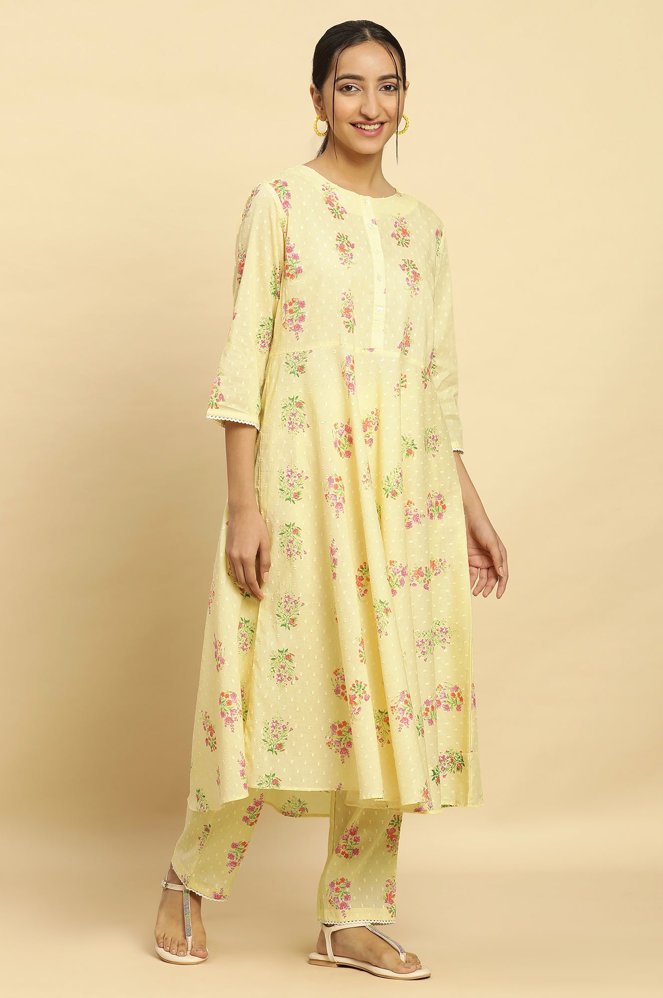 Yellow Floral Printed Flared Kurta, Pants And Dupatta Set